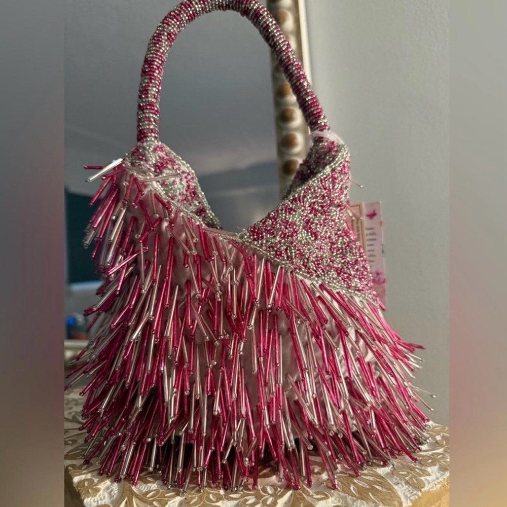 Handcrafted Pink Beaded Fringe Purse Made in India NWT – Boho Evening Bag - Picture 2 of 5